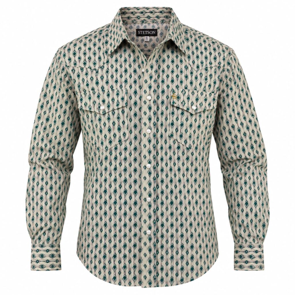 Camisa Stetson Caballero Beige Geométrica Verde